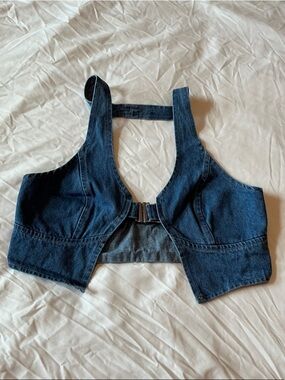SHEIN Dark Blue Denim Crop Vest with Front Buckle